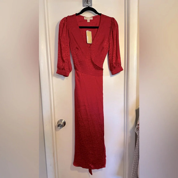 NWT MICHAEL Michael Kors Cheetah Jacquard Midi Wrap Dress Crimson XS - Picture 3 of 12